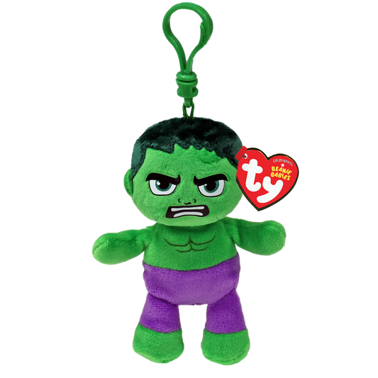 Green Hulk plush on green clip with Ty brand heart shaped tag.