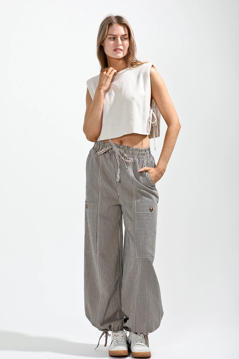 Elastic Waist Vintage Washed Stripe Pants in Latte