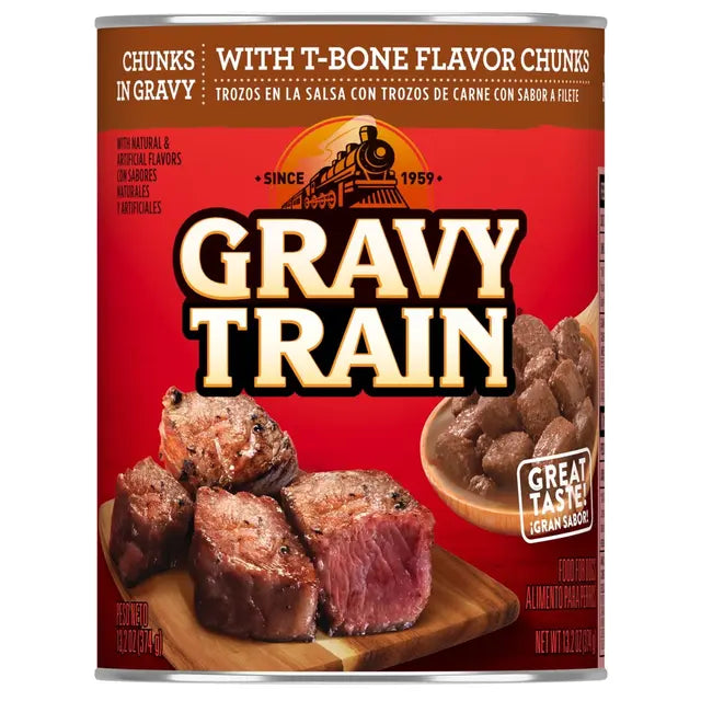 Can of Gravy Train with T-Bone flavor chunks on a white background
