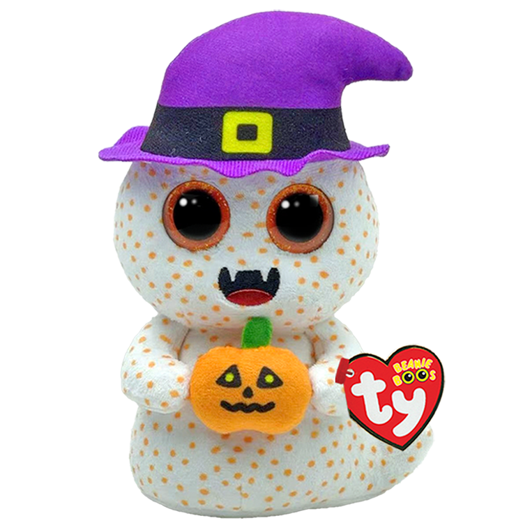 Ghost plush toy with a purple witch hat, polka dot body, and pumpkin, featuring the Ty Beanie Boos logo.