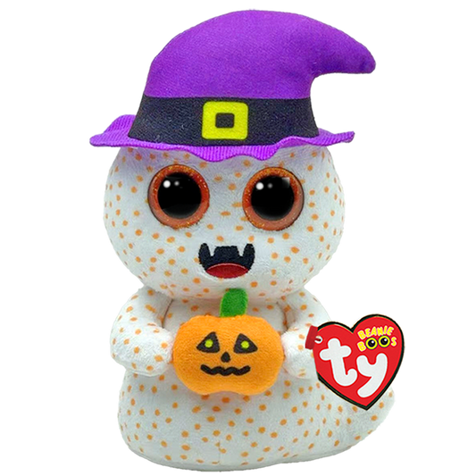 Ghost plush toy with a purple witch hat, polka dot body, and pumpkin, featuring the Ty Beanie Boos logo.