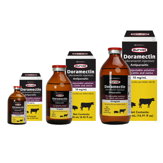 Durvet Doramectin veterinary medication bottles and boxes on a white background
