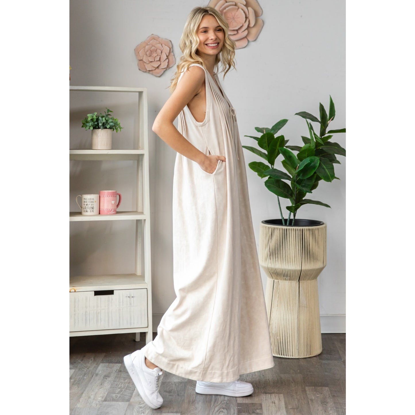 Cream Pleated Sleeveless Jumpsuit