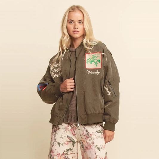 Davi & Dani Embroidered West Coast Rodeo Western Bomber Jacket in Mocha Mousse