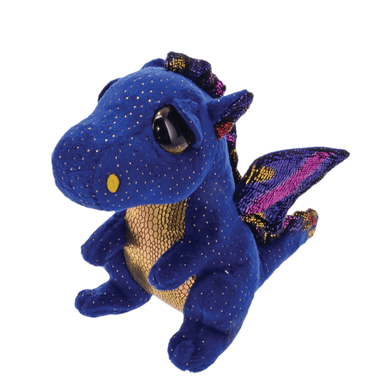 Side view of a blue plush dragon toy with sequin wings on a transparent background