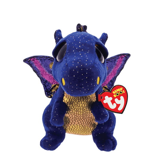 Blue plush dragon toy with sequin wings and a Ty Beanie Boos tag, on a transparent background
