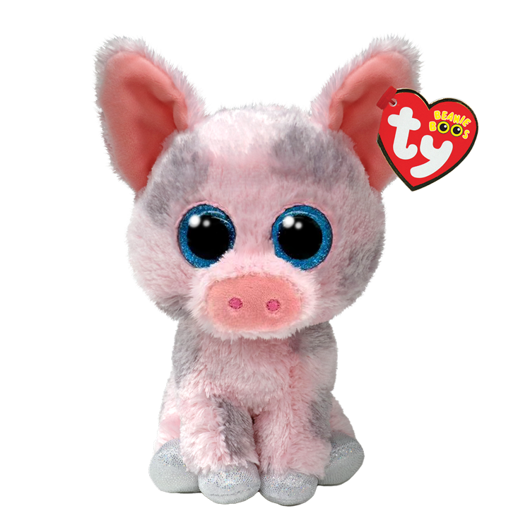 Plush pink and gray toy pig with blue eyes and a Ty Beanie Boos tag.