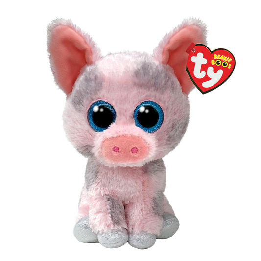 Plush pink and gray toy pig with blue eyes and a Ty Beanie Boos tag.