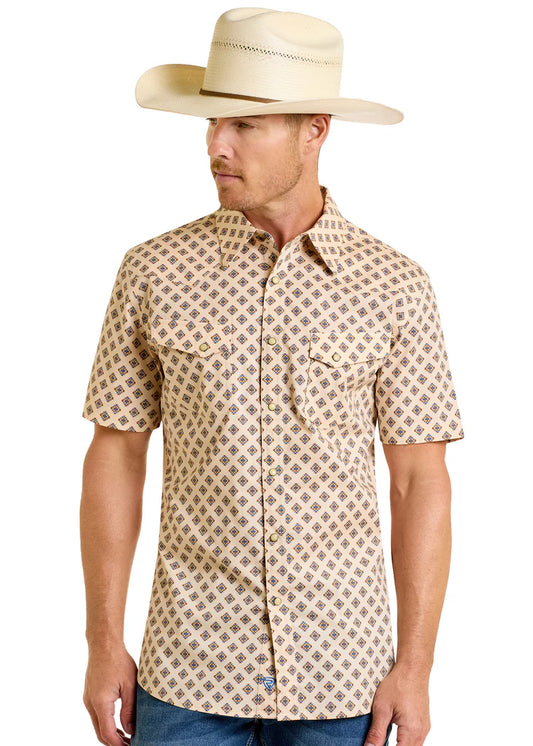 Rock & Roll Slim Fit Geo Aztec Print Short Sleeve Snap Shirt