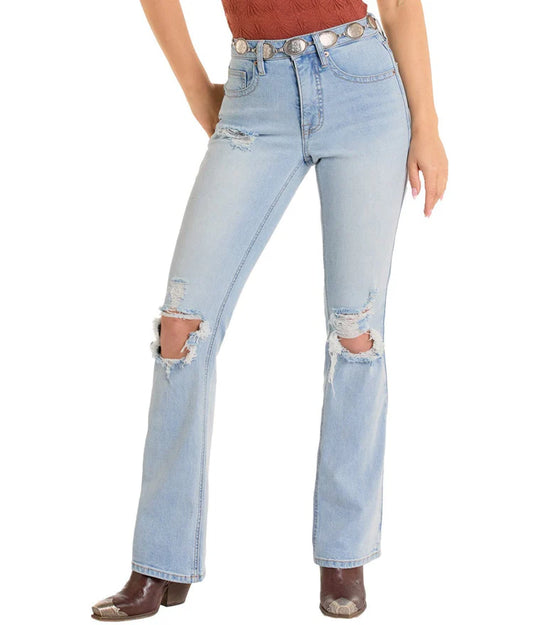 Rock & Roll Denim Distressed High Rise Light Wash Bootcut Jeans