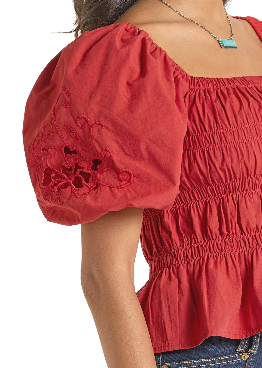 Rock & Roll Cutwork Puff Sleeve Poplin Blouse in Red