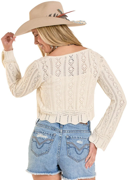 Rock & Roll Denim Tie Knit Cardigan Sweater in Natural