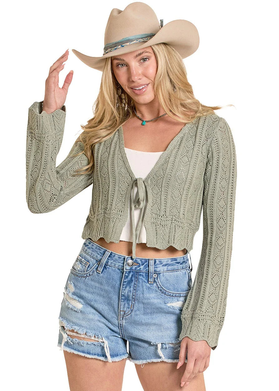 Rock & Roll Denim Tie Knit Cardigan Sweater in Jade