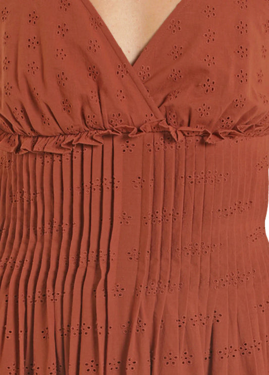 Rock & Roll Denim Eyelet Halter Maxi Dress in Rust