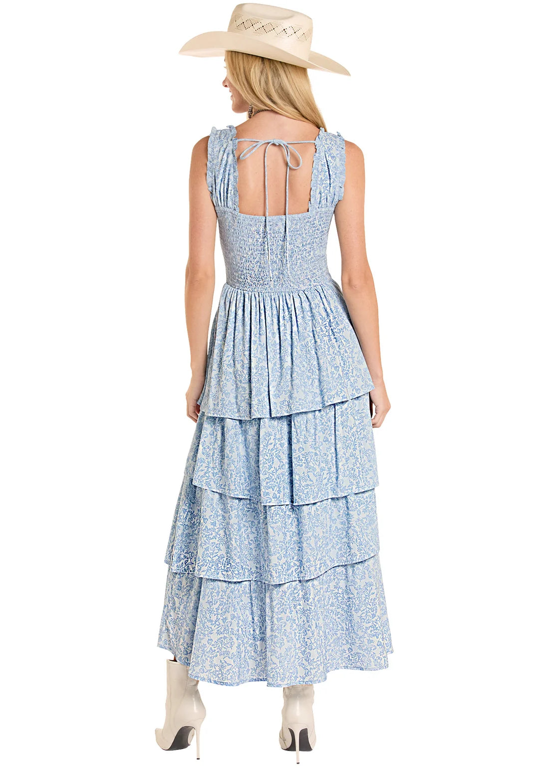 Rock & Roll Denim Floral Ruffle Tiered Maxi Dress in Cerulean