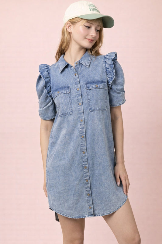 Mineral Washed Indigo Button-Down Mini Shirt Dress