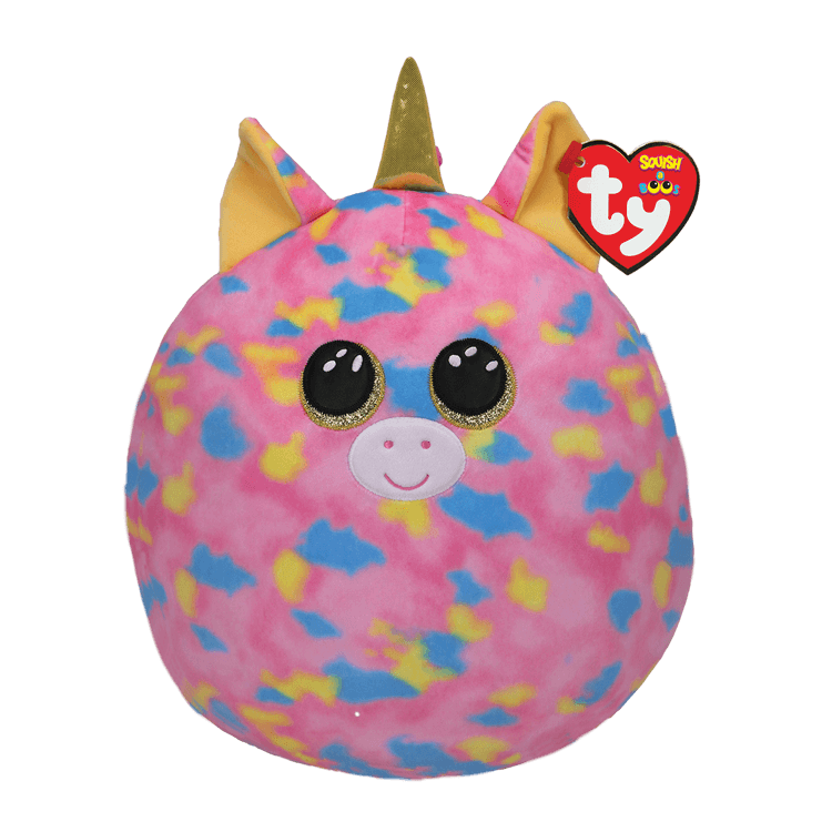 Round plush unicorn toy with a colorful pattern and a Ty Squish a Boos tag, on a white background