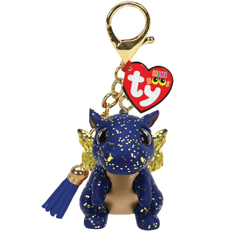 Blue and gold dragon on keychain with gold accents and a heart-shaped Ty tag on a white background.