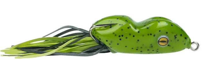 Black speckled, green frog-shaped fishing lure on a white background