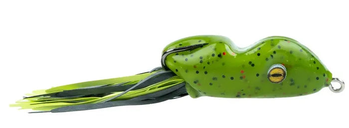 Speckled green frog-shaped fishing lure on a white background