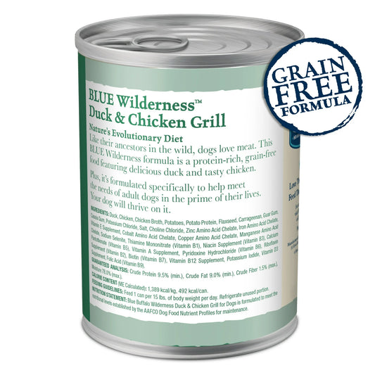 Can of Blue Wilderness Duck & Chicken Grill dog food with ingredient list and grain-free label on a white background