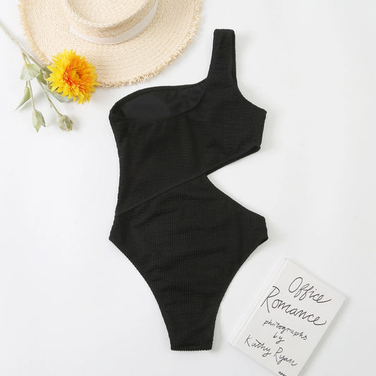 Black Wrinkle One Shoulder Waist Cut One-Piece Swimsuit