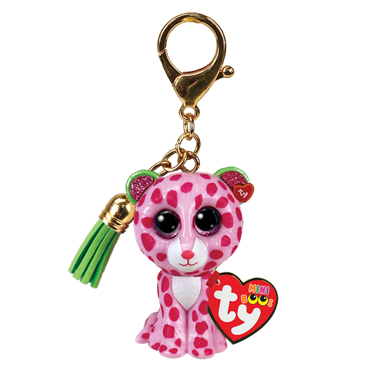 Pink polka dot leopard on gold keychain with green tassel on a clear background. Leopard has a heart-shaped Ty tag.