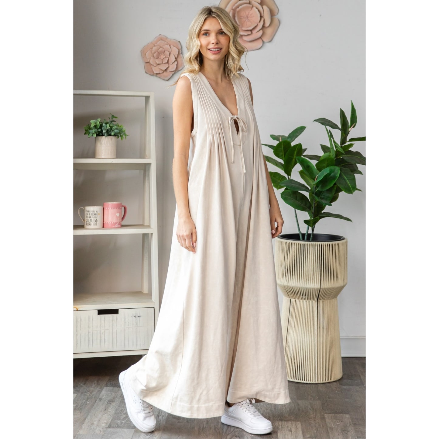 Cream Pleated Sleeveless Jumpsuit