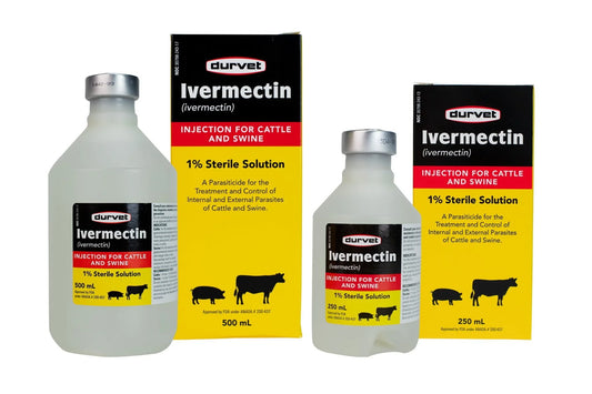 Two bottles and two boxes of Durvet Ivermectin injection for cattle and swine on a white background.