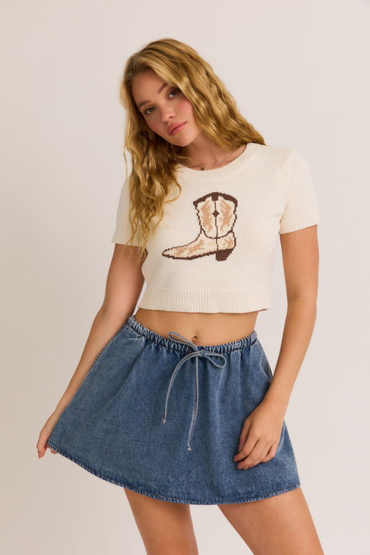 Short Sleeve Cowboy Boot Sweater Top