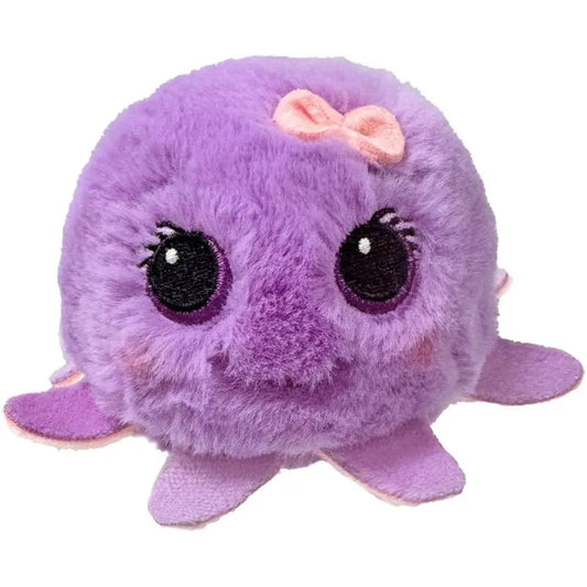 Purple plush octopus ball with a bow, on a white background