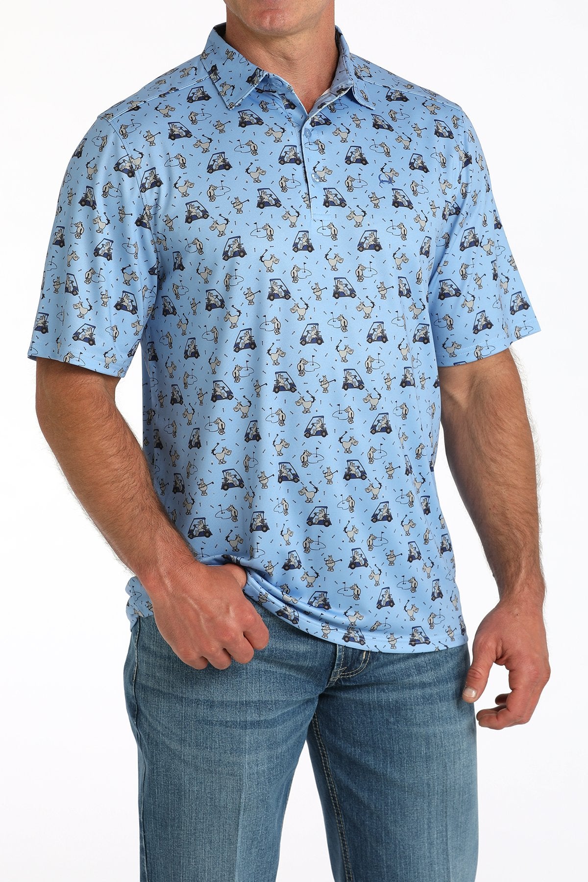 Cinch Light Blue Animal Golf Cart Print Arenaflex Polo