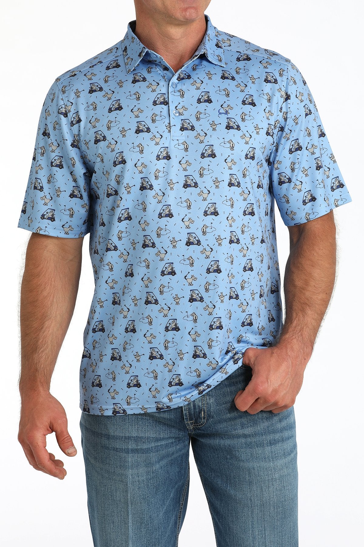 Cinch Light Blue Animal Golf Cart Print Arenaflex Polo