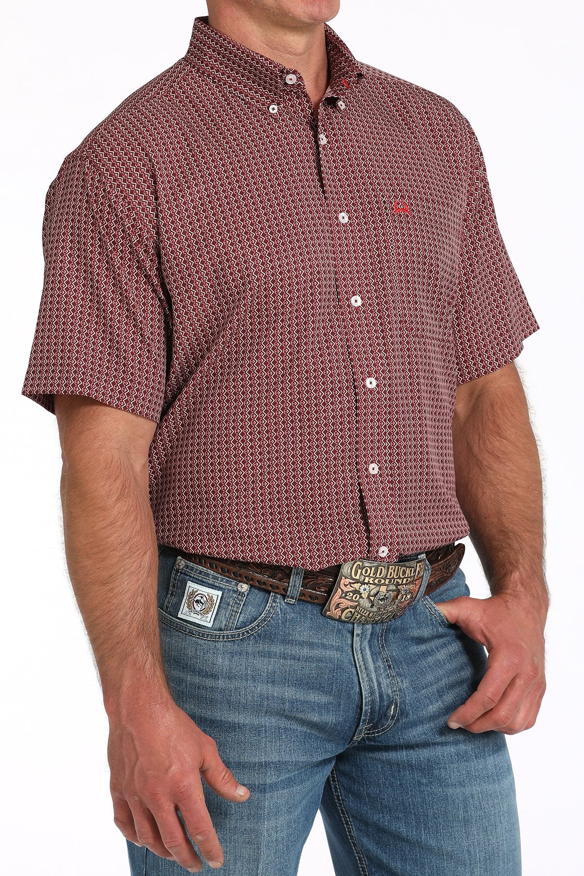 Cinch Short Sleeve Burgundy Medallion Print Western Shirt
