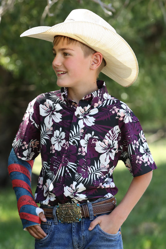 Cinch Boy's Short Sleeve Hawaiian Print Button-Down Western Shirt