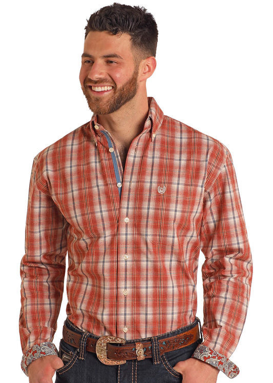 Panhandle Men's Buton-Down Rust Plaid Shirt