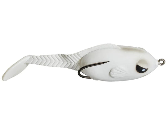 White fishing lure with a black eye and silver hook on a white background