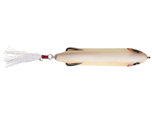 Top view of fishing lure with a white tail on a white background