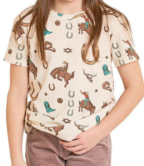 Rock & Roll Denim Girls' Western Print Tee in Cream
