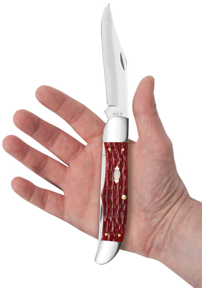 Case Peach Seed Jig Dark Red Bone Carbon Steel Folding Hunter with Sheath