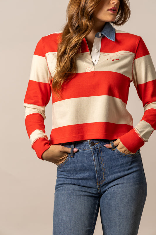 Kimes Ranch Jamila Rugby Long-Sleeved Polo in Red