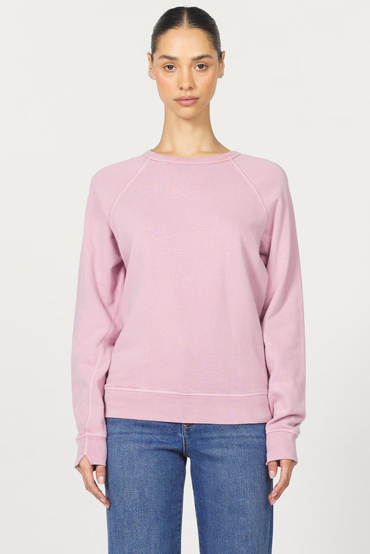 Person wearing a pink sweatshirt and blue jeans on a white background