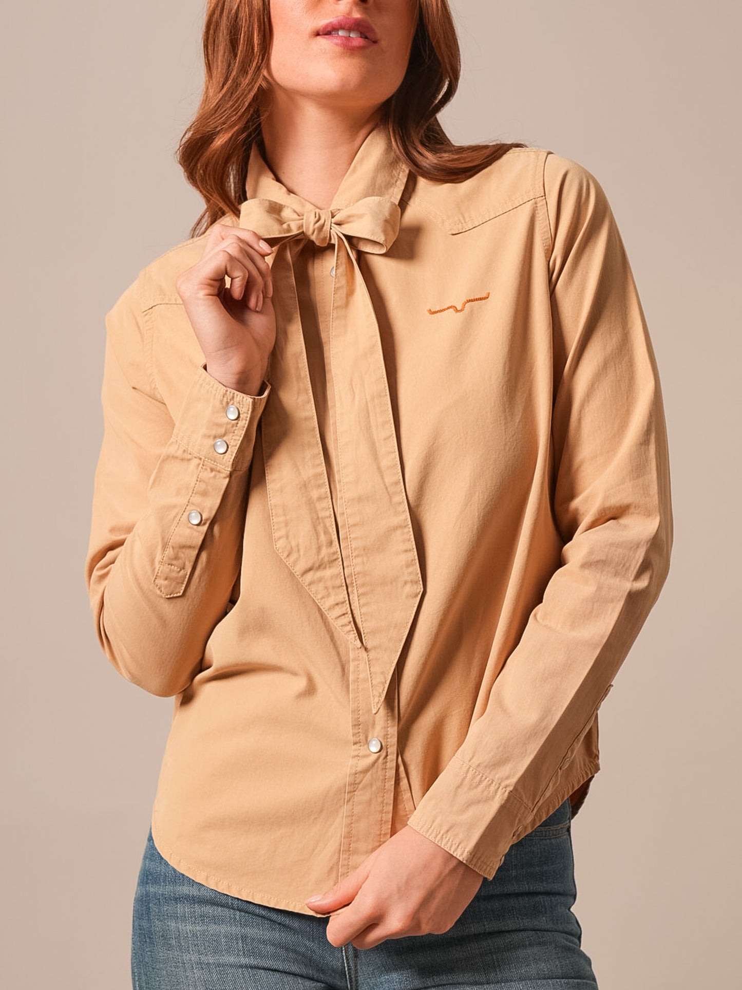 Kimes Ranch Lolo Tie Neck Snap Shirt in Sand