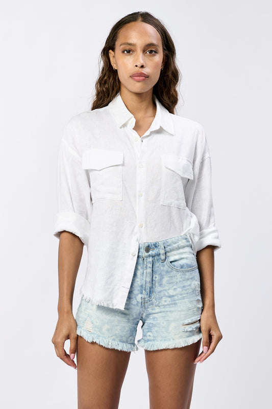 Dear John Adrianna Button Up Long Sleeve Boxy Shirt in White