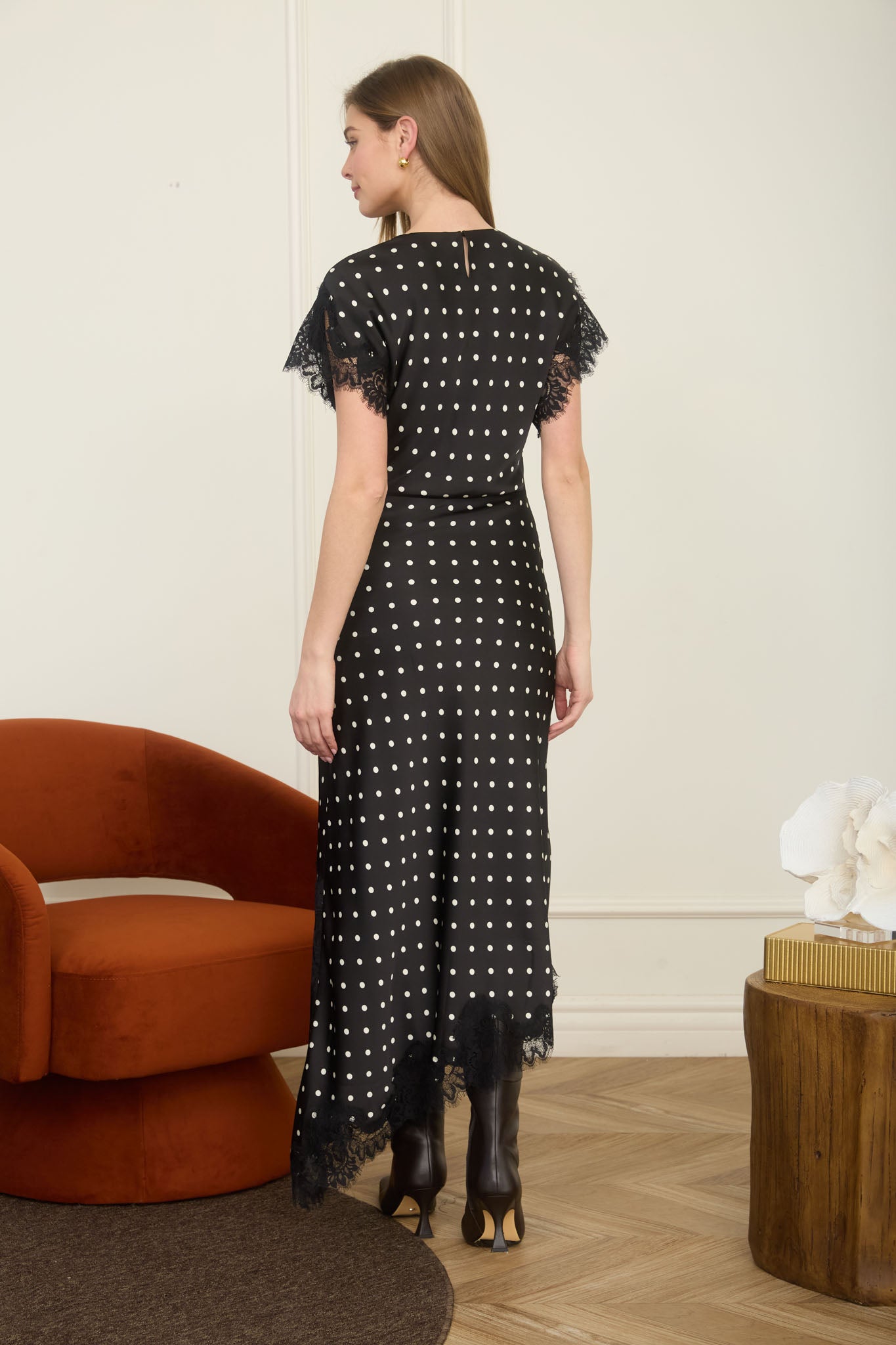 Black Polka Dot Midi Dress with Asymmetrical Lace Detail