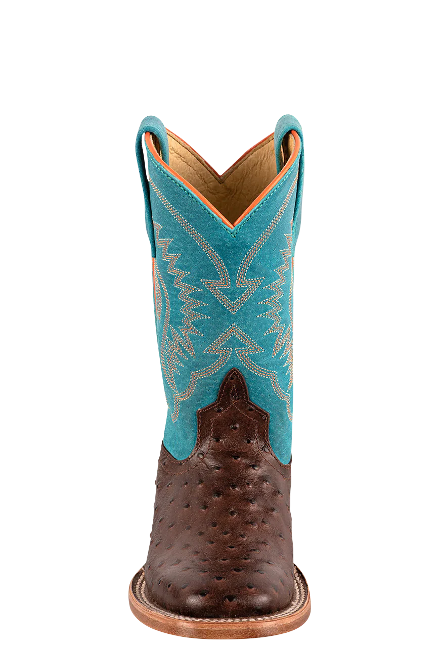 Anderson Bean Kid's Turquoise and Chocolate Ostrich Print Boot