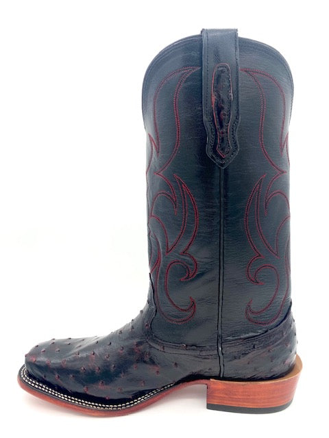 Fenoglio Black Cherry Full Quill Ostrich Black Smooth Italian Men's Boot