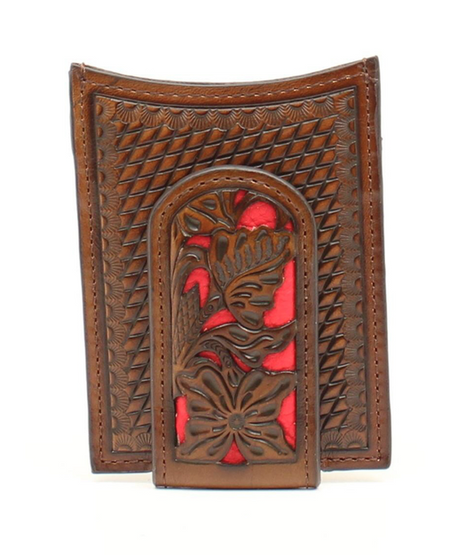 Nocona Brown Red Floral Overlay Money Clip