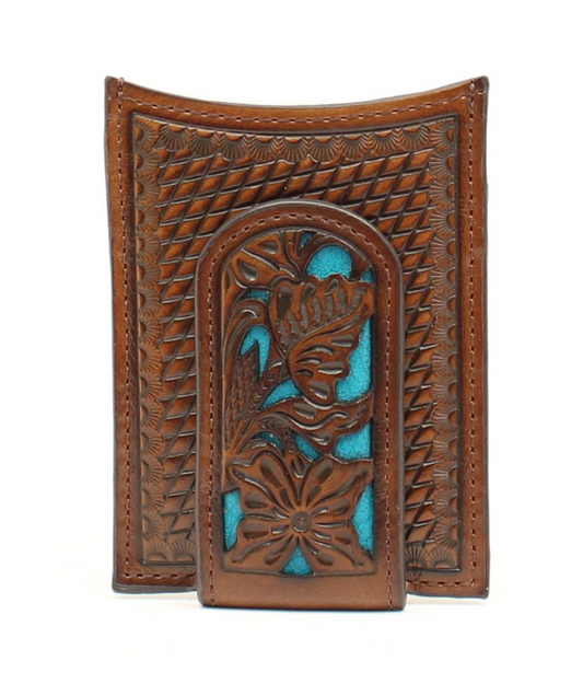 Nocona Brown Blue Floral Overlay Money Clip