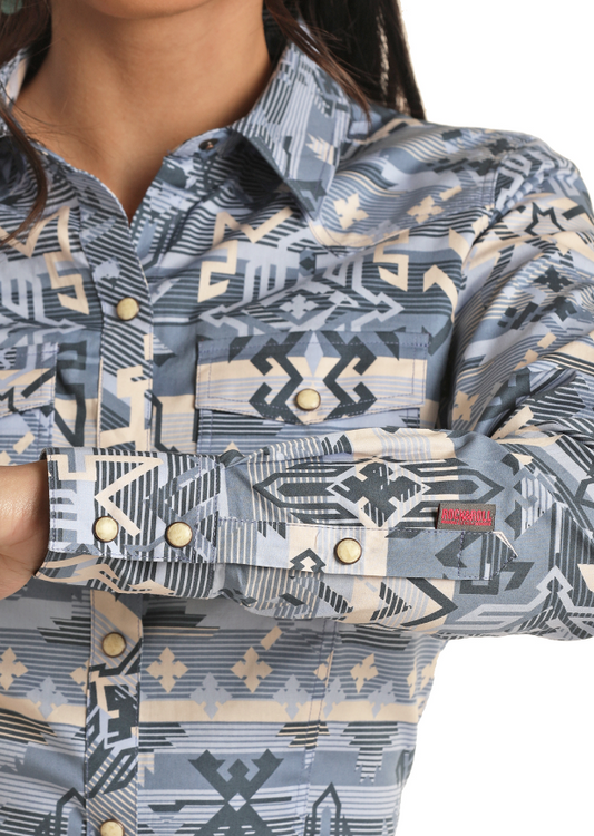 Rock and Roll Womens Blue Aztec Snap Shirt